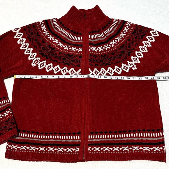 VINTAGE BLAIR FAIR ISLE CHENILLE ZIP MOCK NECK CARDIGAN SWEATER IN RED WINE. 2XL - Picture 8 of 10